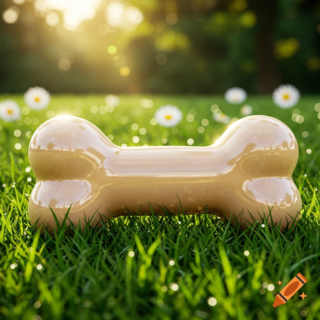 A close-up, photorealistic image of a glossy, tan dog bone toy lying in green grass with daisies and sunlight in the background.