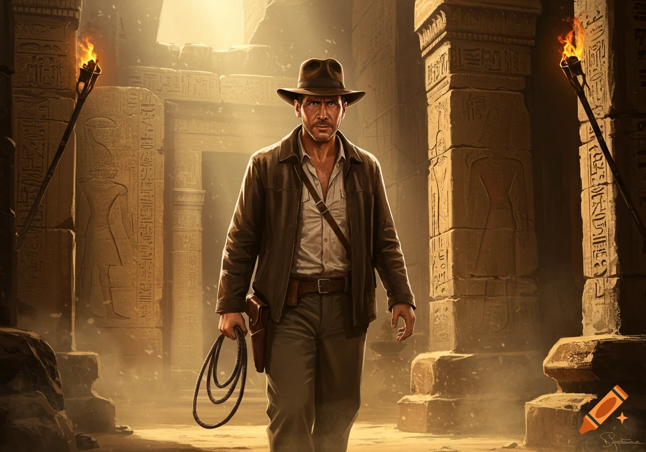 An adventurer resembling Indiana Jones walks through ancient temple ruins, holding a coiled whip, with torches illuminating hieroglyphs.