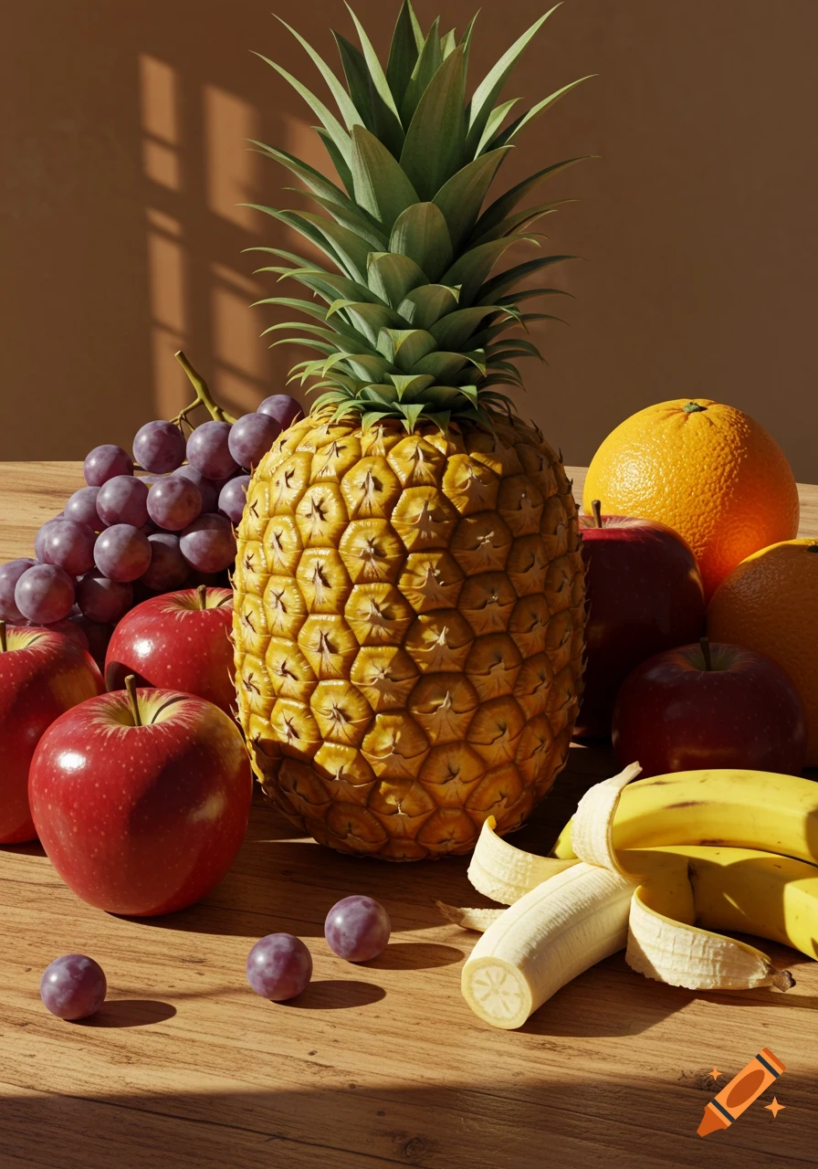 A realistic still life of a pineapple, red apples, purple grapes, oranges, and peeled bananas on a wooden table.