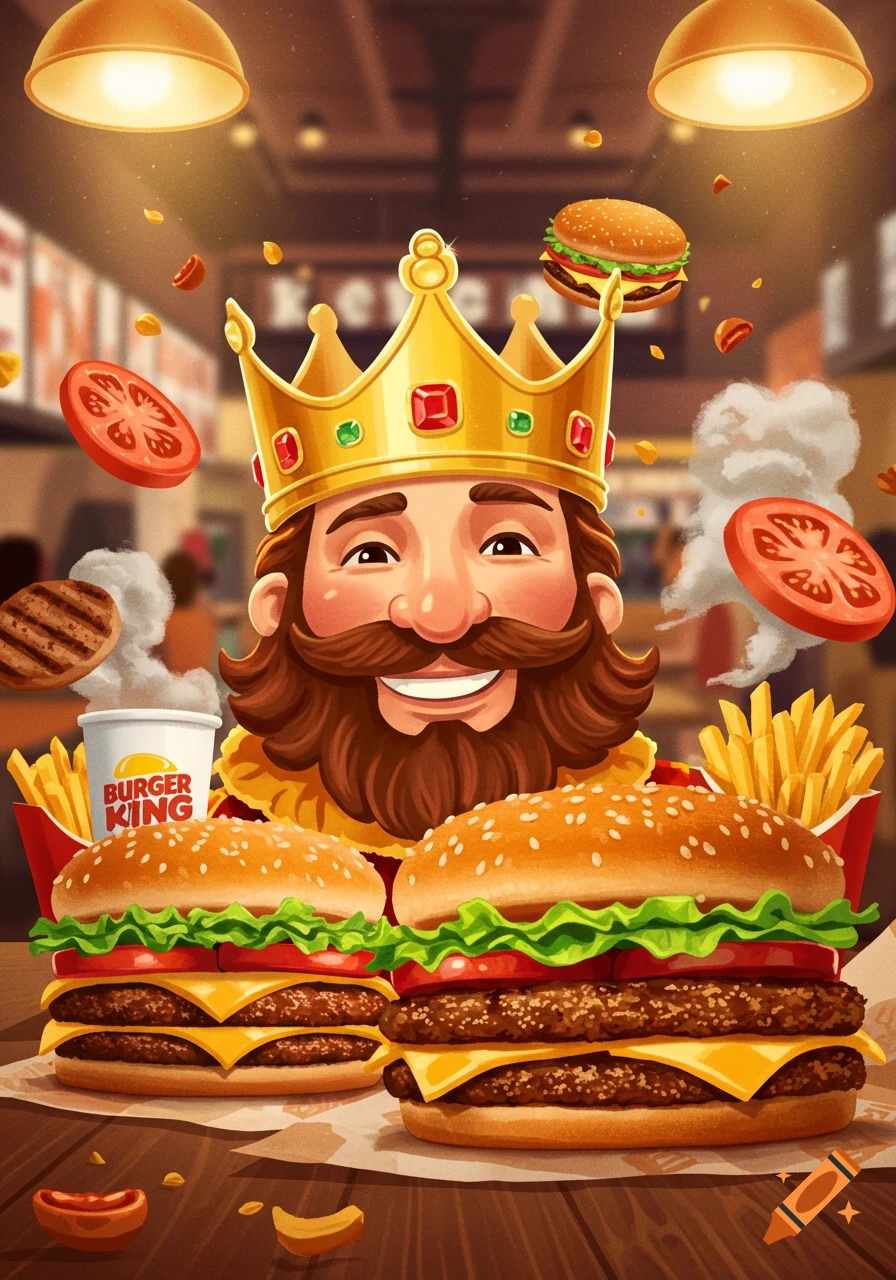 A smiling cartoon king in a gold crown surrounded by cheeseburgers, fries, and floating ingredients in a bright illustrative style.