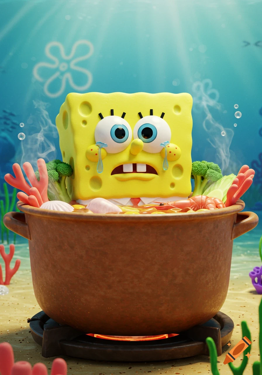 A crying 3D Spongebob in a steaming hotpot with food, submerged in an ocean scene.