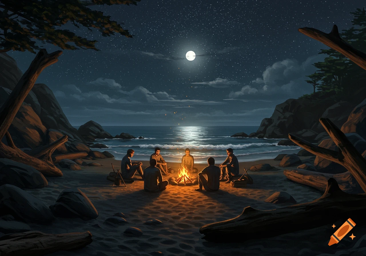 Six people sit around a campfire on a beach at night under a full moon and starry sky, with the ocean in the background, digital painting.
