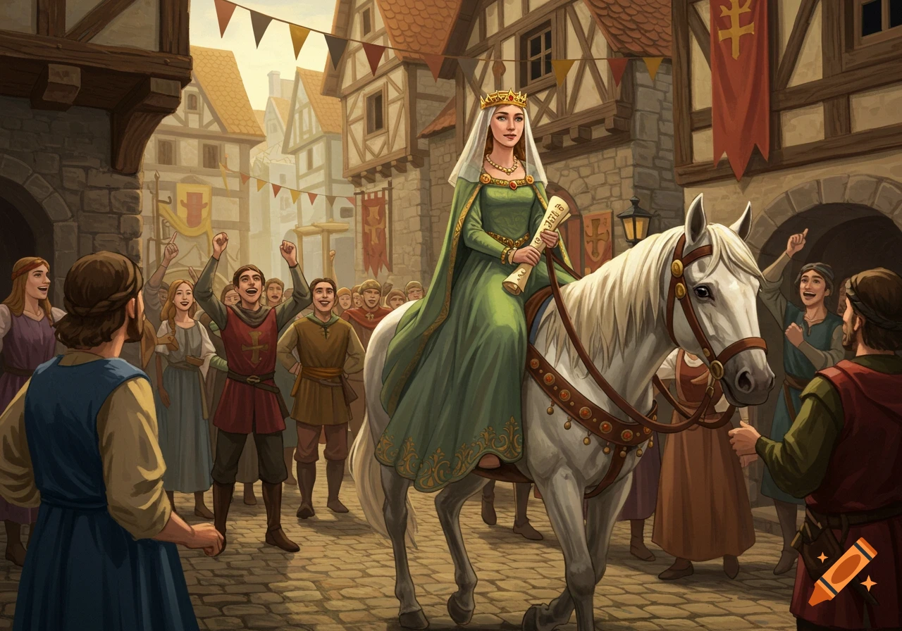 A queen rides a white horse through a medieval town street, cheered by a crowd of people. Cartoonist realistic style.