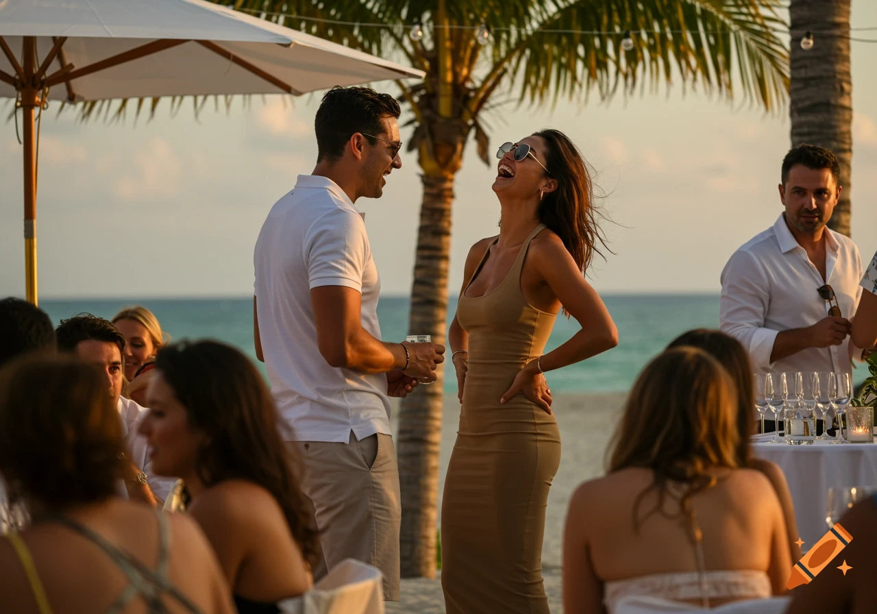 A man and woman laugh at an outdoor beach reception under a palm tree at sunset, with other guests and the ocean in the background.