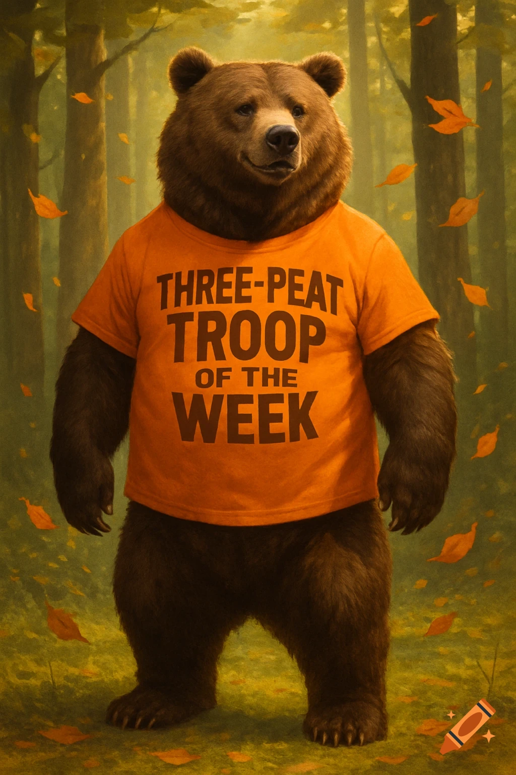 A large brown bear stands in a forest, wearing an orange t-shirt that says "Three-Peat Troop of the Week." Orange leaves fall around it.