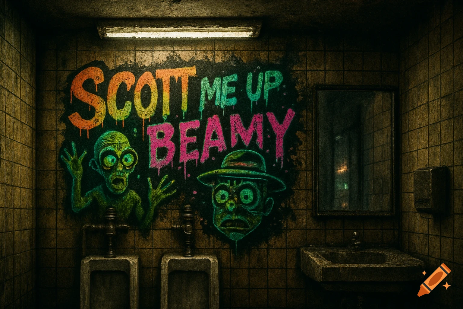 Grunge style image of a dirty men's restroom with colorful graffiti that reads "SCOTT ME UP BEAMY" and two green monster-like figures.