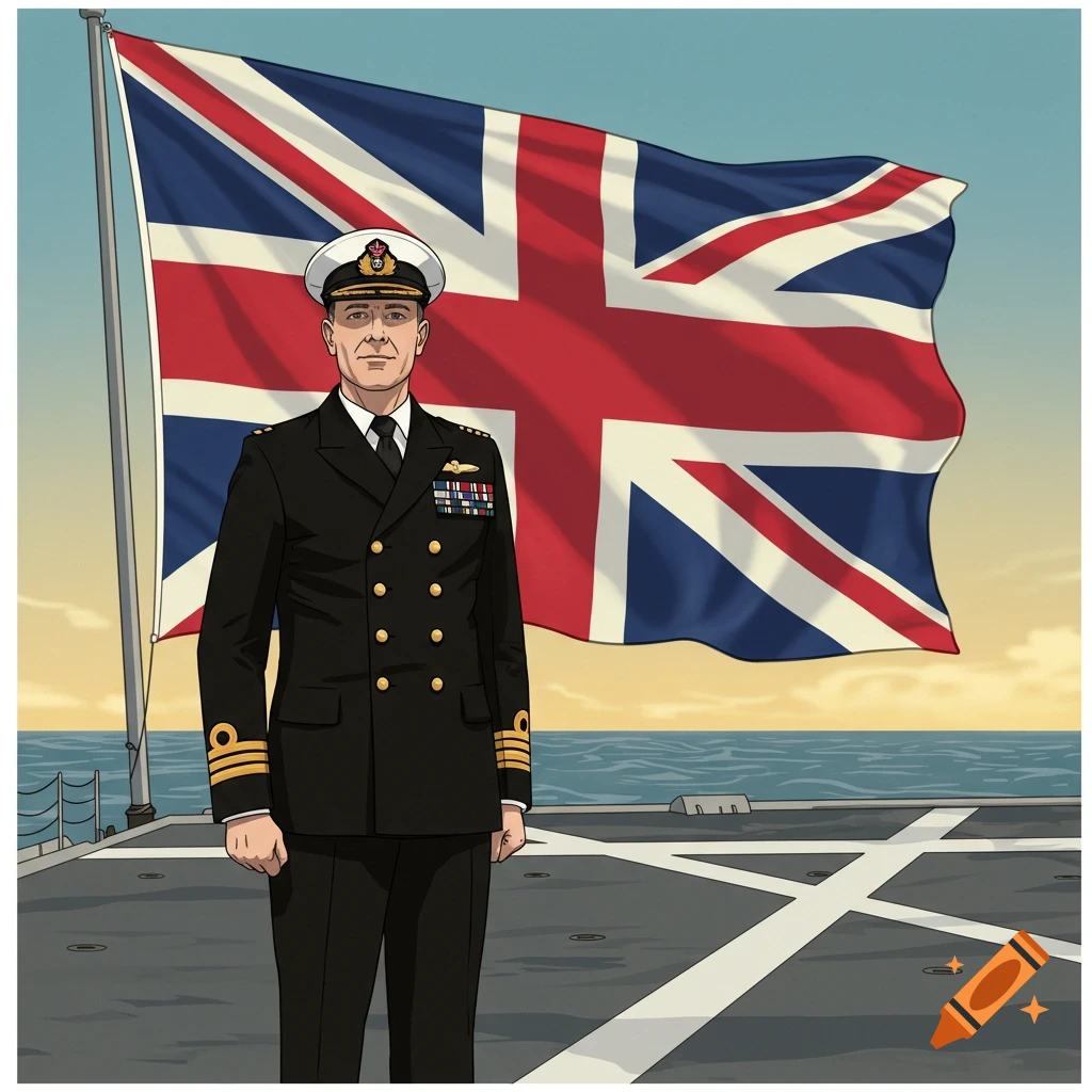 Illustration of a man in a British Royal Navy uniform standing on an aircraft carrier in front of a Union Jack flag, in a recruitment poster style.