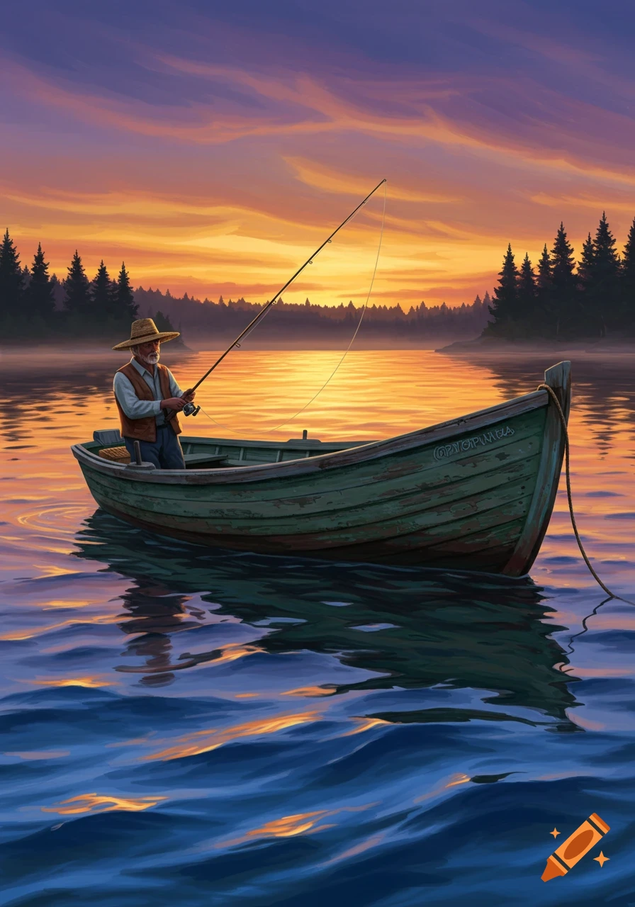 An old man in a straw hat fishes from a boat on a calm lake at sunset, with an orange and purple sky and distant evergreen trees.