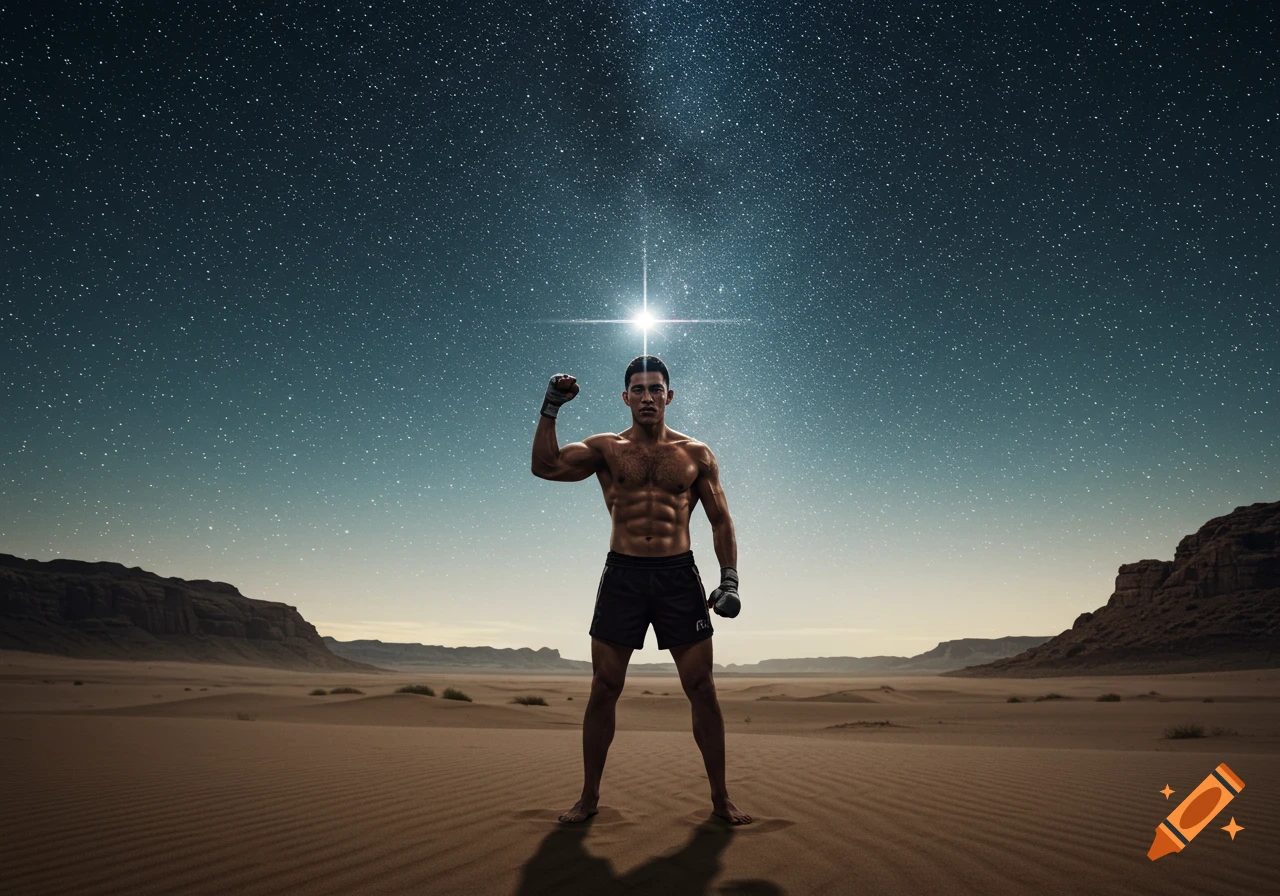 A muscular male fighter stands in a desert under a starry night sky with a bright star above him, flexing his bicep.