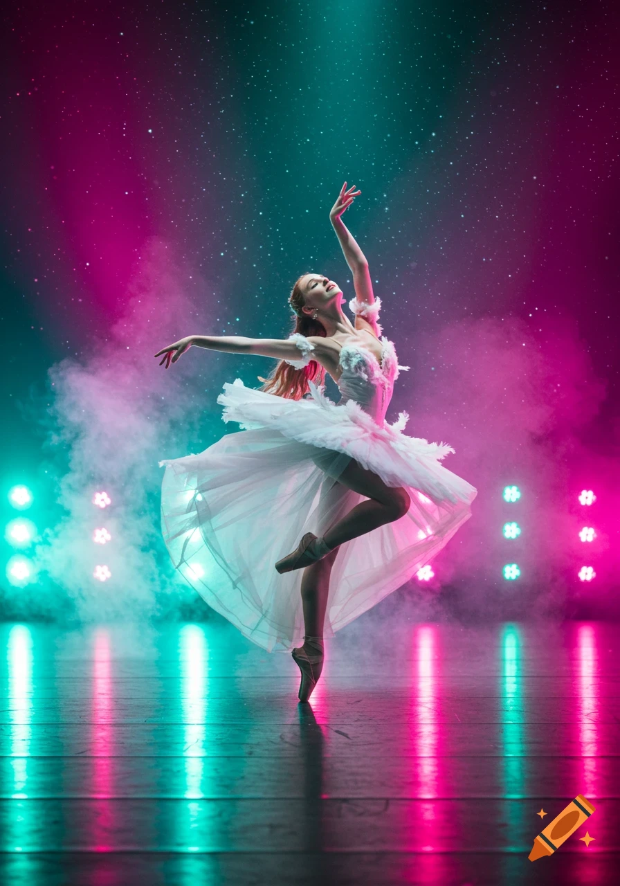 A photorealistic image of a ballerina dancing en pointe on a stage, illuminated by vibrant pink and teal lights and smoke, with a starry background.