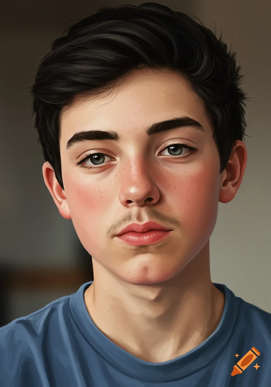 A digital painting of a young male teenager with dark hair, a slight mustache, and rosy cheeks wearing a blue shirt, looking nonchalant at the camera.