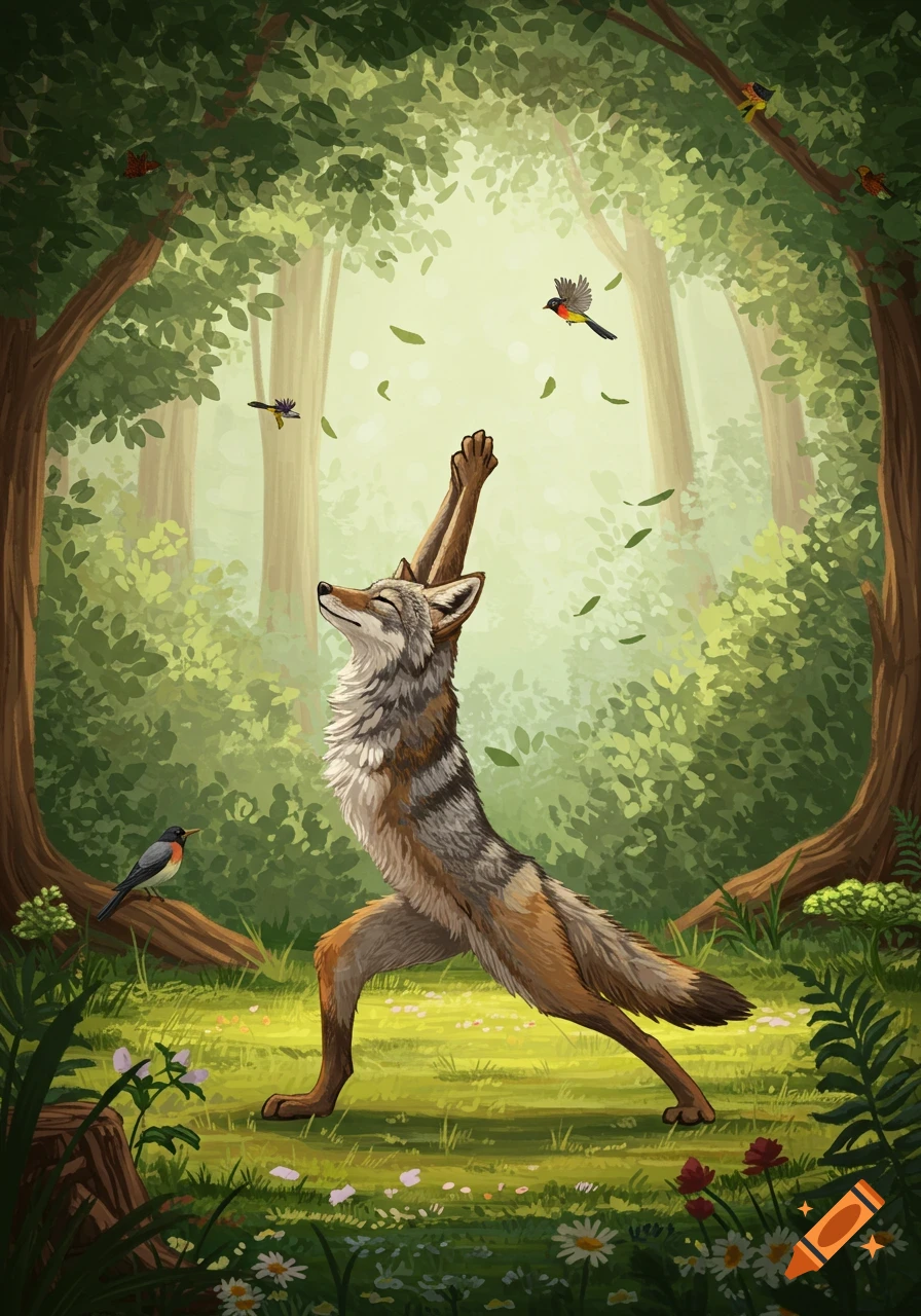 A stylized illustration of a coyote doing a yoga pose in a lush green forest with birds and falling leaves.