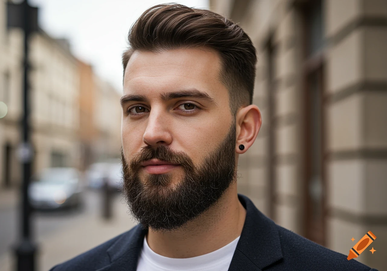 A close-up photorealistic portrait of a man with a dark beard and stylish haircut, wearing a dark jacket, on a city street.