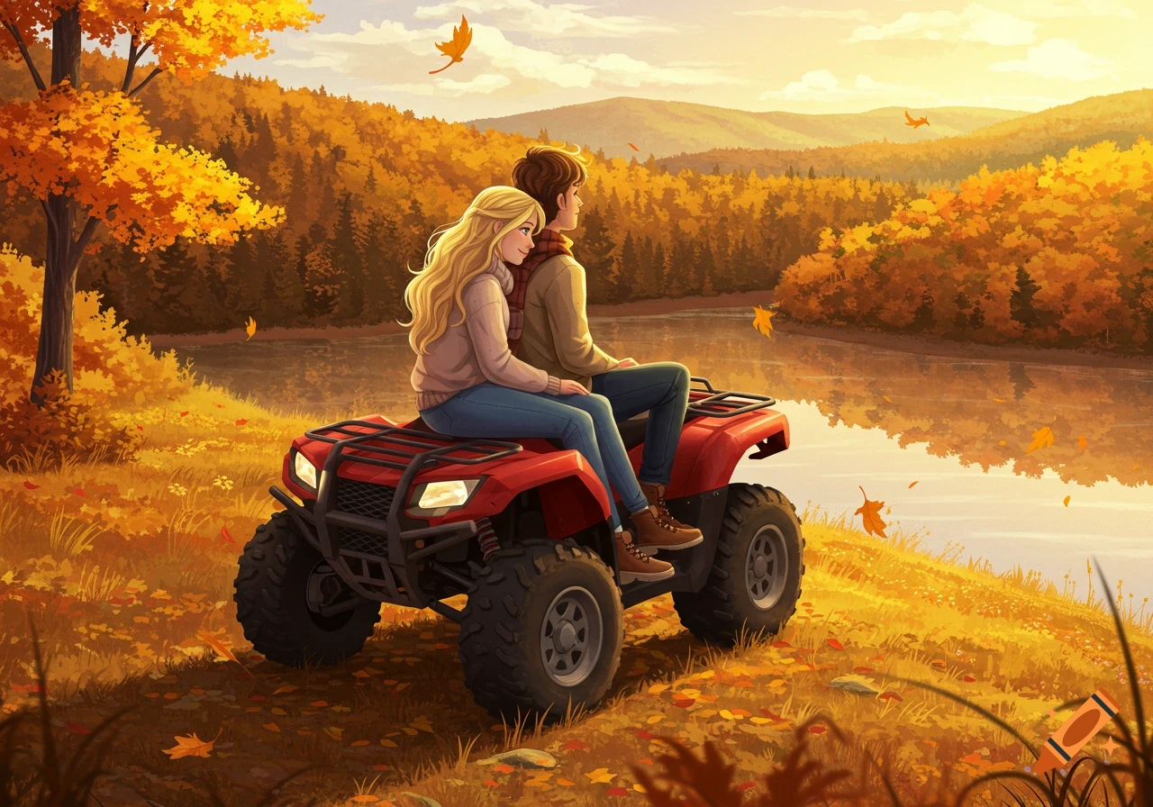 An illustrated couple sits on a red ATV, looking at a mountain lake surrounded by vibrant autumn trees under a sunny sky.