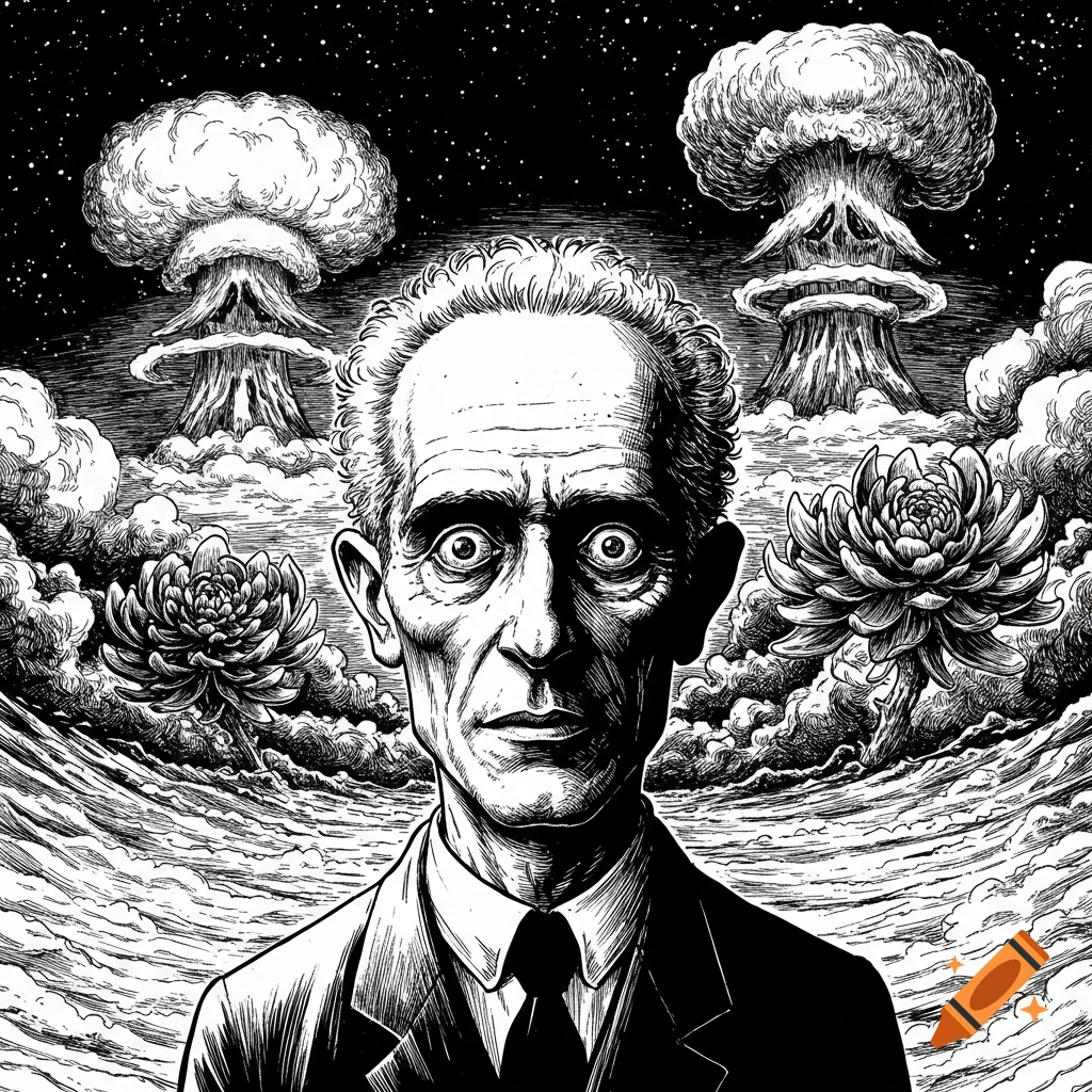 Black and white horror illustration of J. Robert Oppenheimer with a terrified expression, against mushroom clouds and monstrous flowers.