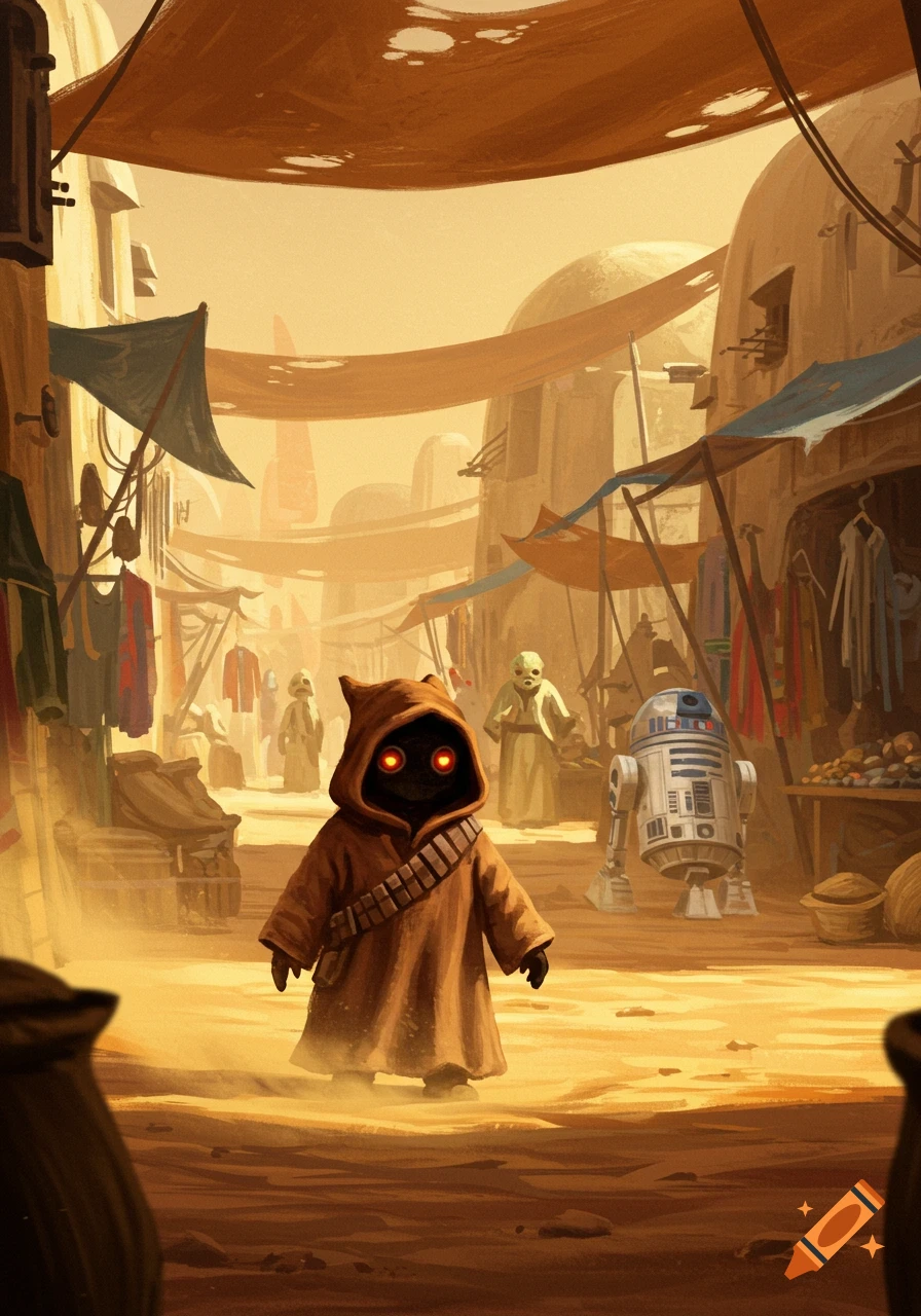 A Jawa with glowing red eyes stands in a sandy market street with R2-D2 and other figures in the background.
