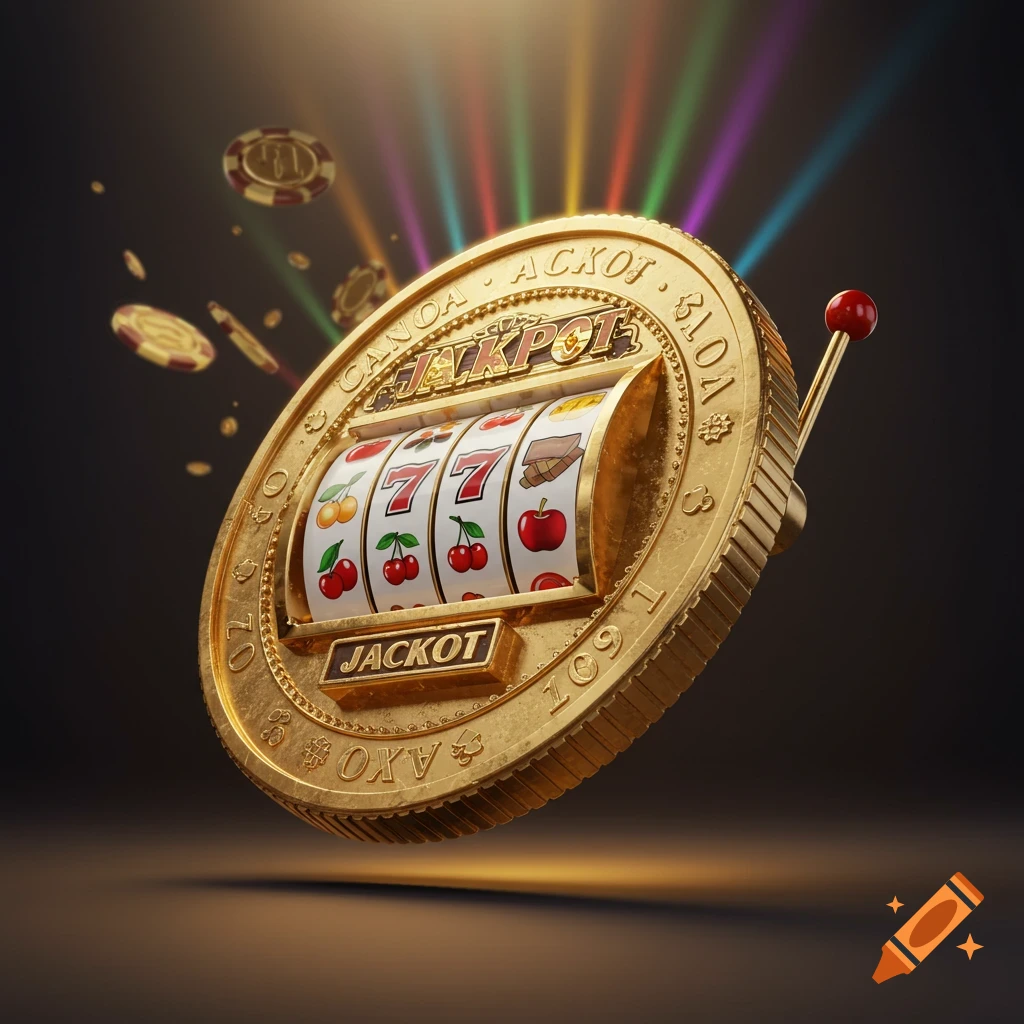 A photorealistic golden coin shaped like a slot machine with triple sevens and 'JACKPOT' text, surrounded by casino chips and colorful light rays.