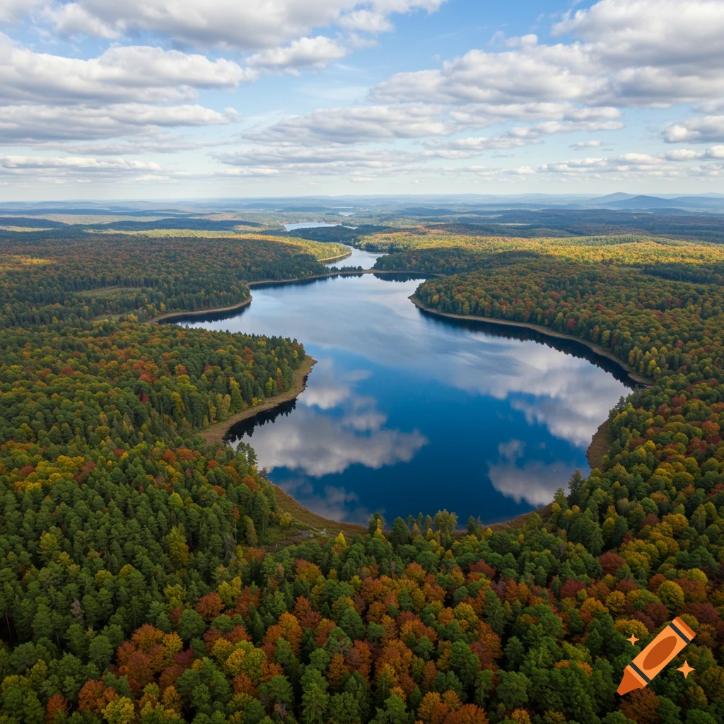 Aerial view of a large lake reflecting a cloudy sky, surrounded by a vibrant autumn forest.