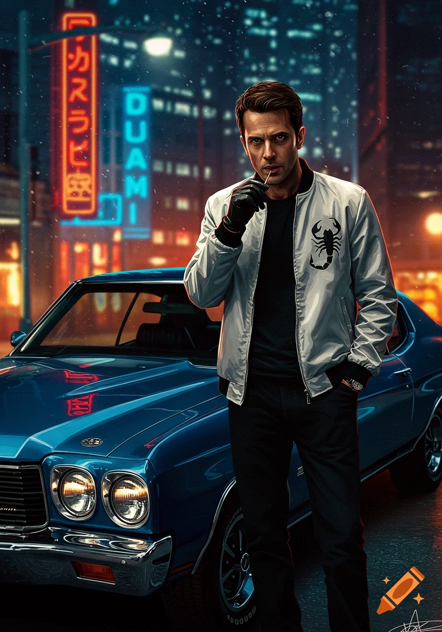 A man in a white bomber jacket with a scorpion emblem stands next to a blue vintage car on a rainy city night with neon signs.