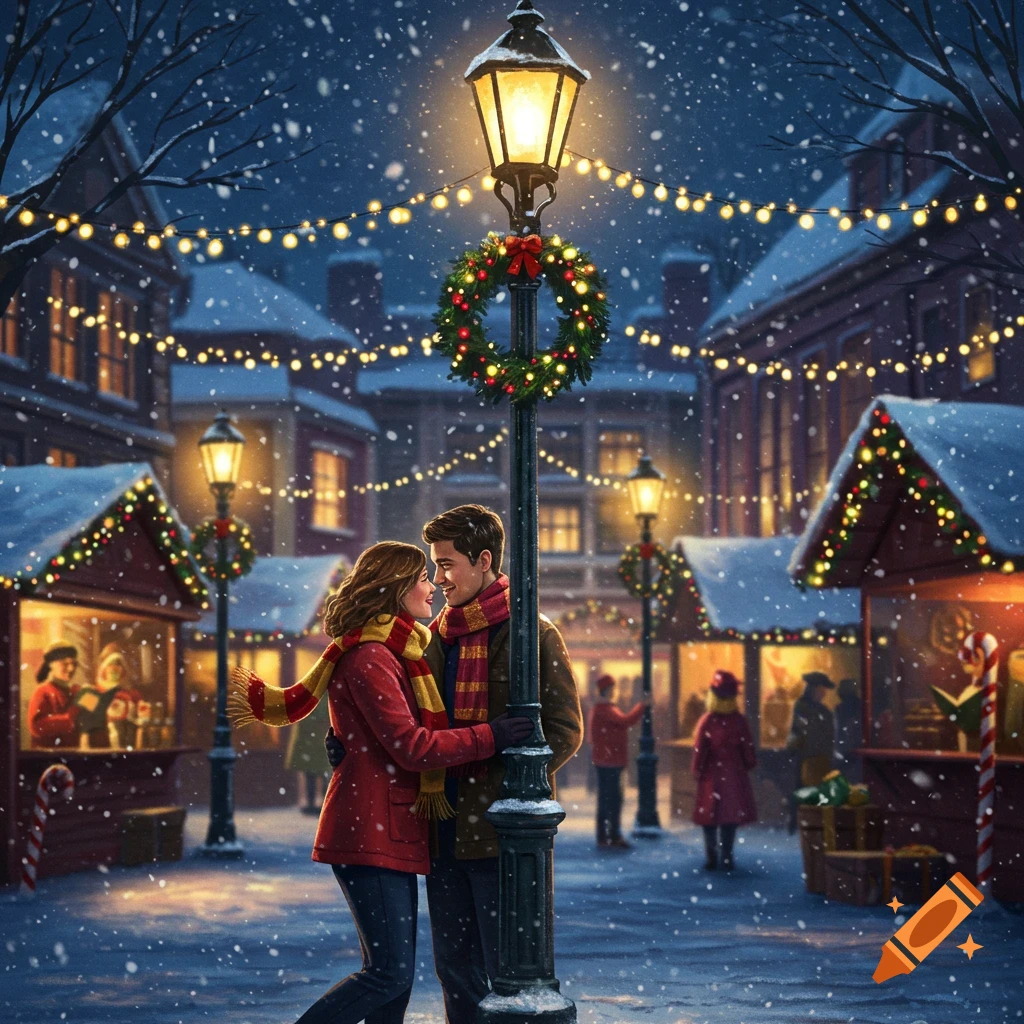 A couple embraces under a lamppost adorned with a wreath, surrounded by snowy Christmas market stalls and festive lights.