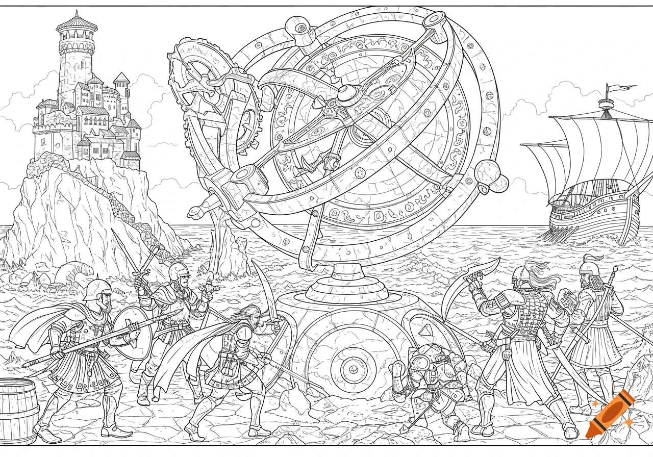 A black and white line illustration of medieval warriors fighting an ogre on a rocky shore, with a large armillary device, a castle on a cliff, and a sailing ship in the background.