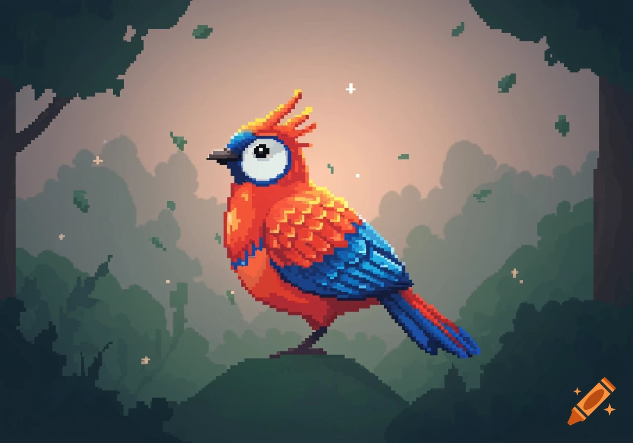 A vibrant pixel art bird with orange and blue feathers stands on a hill in a forest setting.