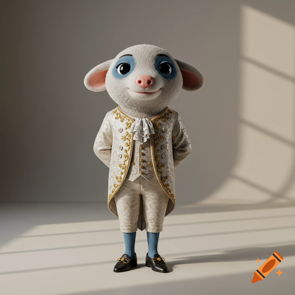 Photorealistic image of a white, fluffy animal character with blue eyes in a gold-embroidered white jacket, standing in a studio.