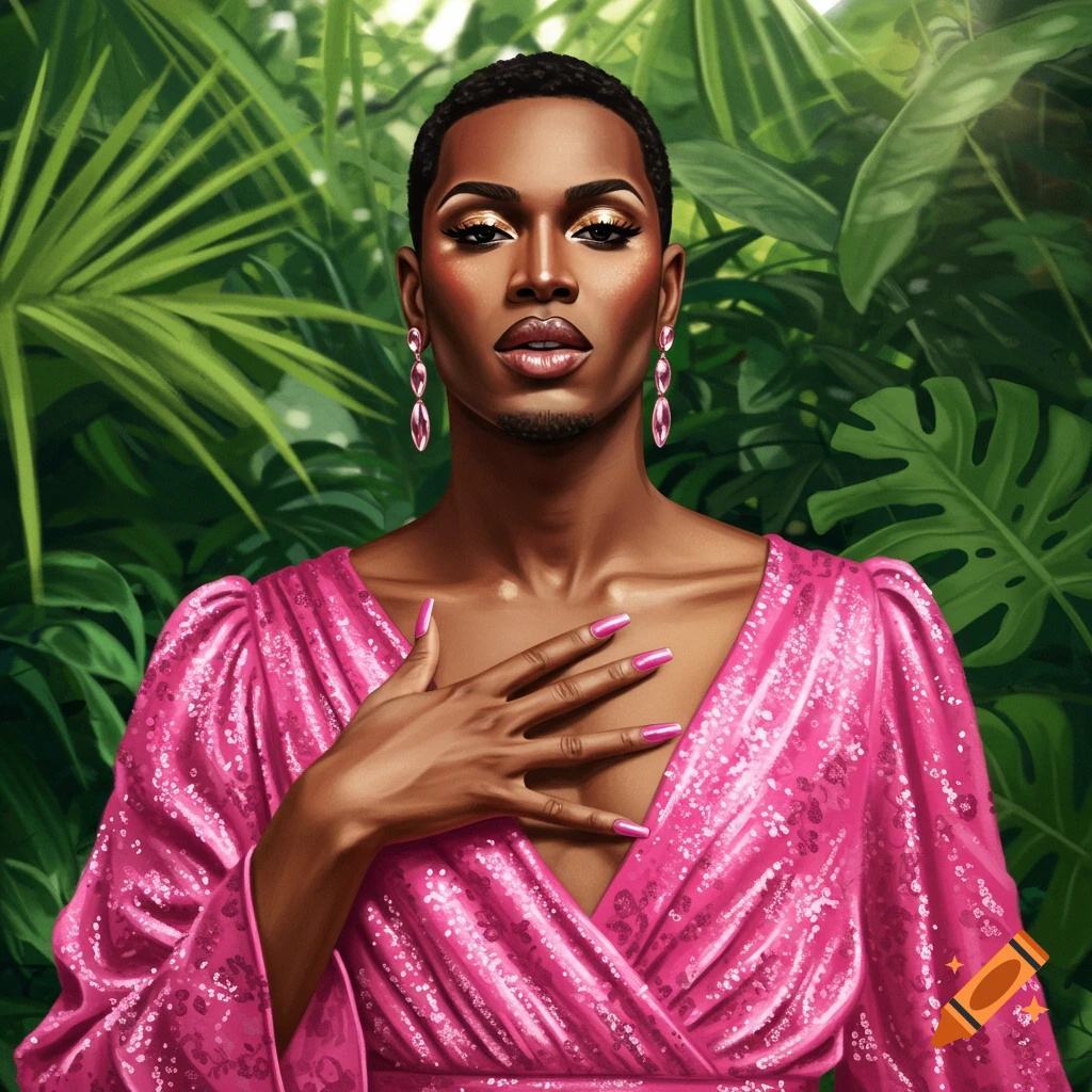 A person with dark skin, short hair, and a goatee wears a sparkly pink dress, elaborate gold eye makeup, and pink earrings, with one hand on their chest, set against a lush green jungle background.