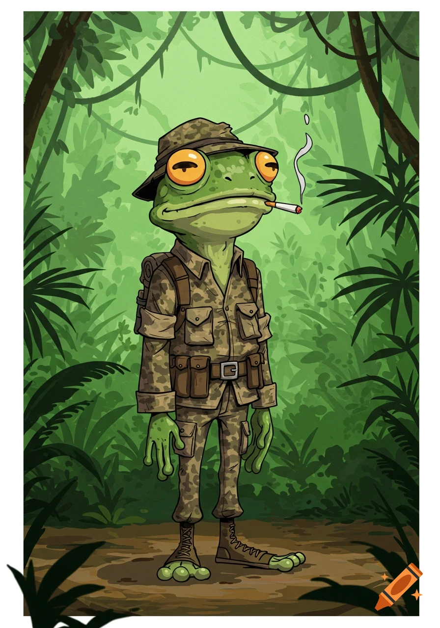 A tall, skinny anthropomorphized cartoon frog in guerrilla fatigues stands in a jungle, smoking a cigarette.