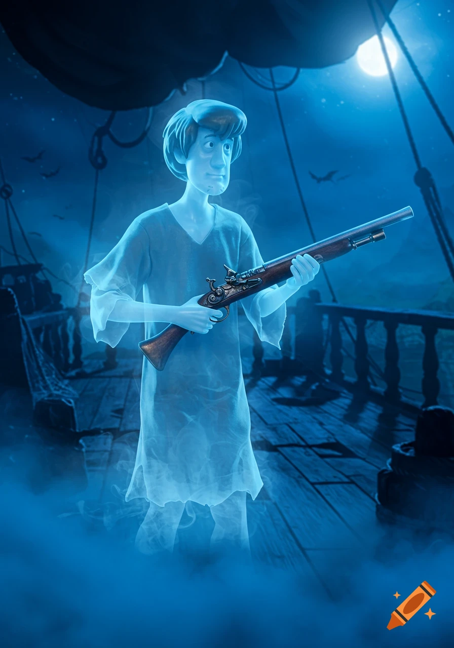 A blue translucent ghost of Shaggy holding a flintlock rifle on a moonlit pirate ship deck.