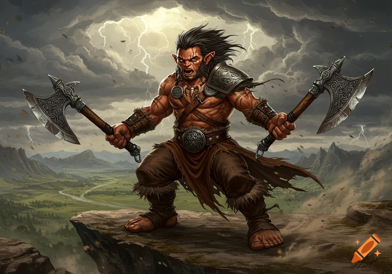 Muscular halfling barbarian dual wielding handaxes on a cliff overlooking a stormy, mountainous landscape, digital art.