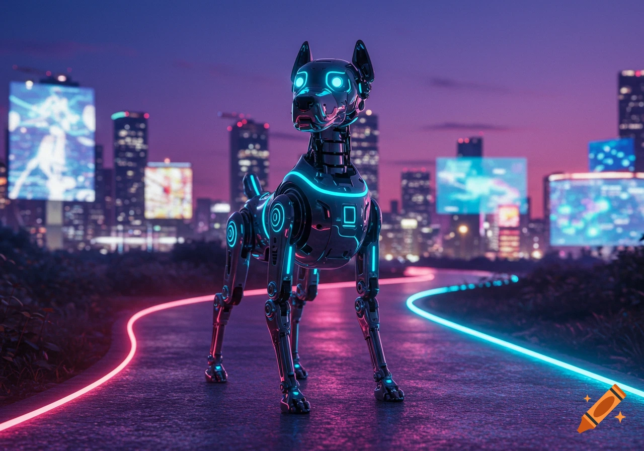 A sleek robotic dog with glowing blue neon lines stands on a road with pink and blue neon lights, against a futuristic city skyline at night.