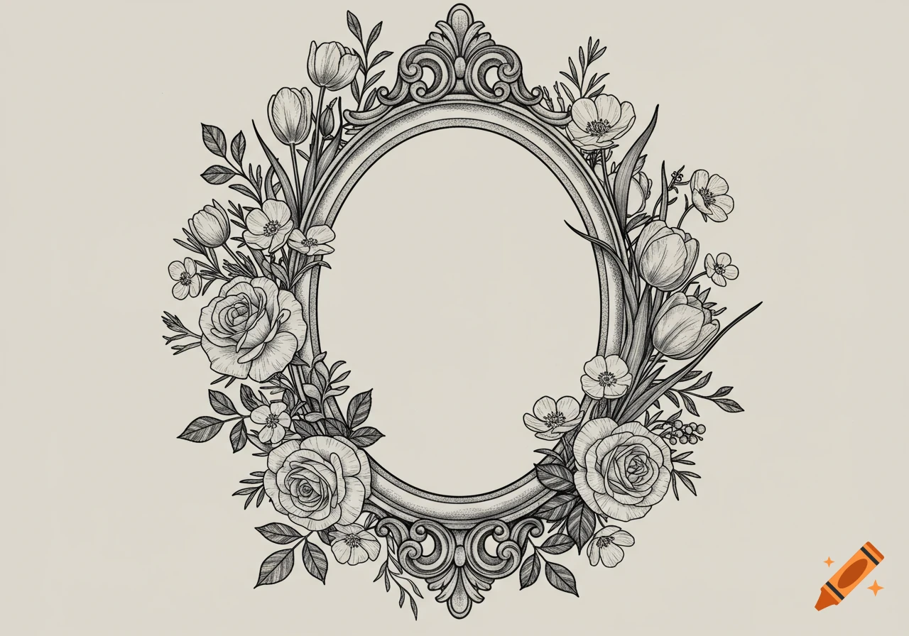 An ornate oval frame surrounded by roses, tulips, and other flowers, rendered in black and white line art style.