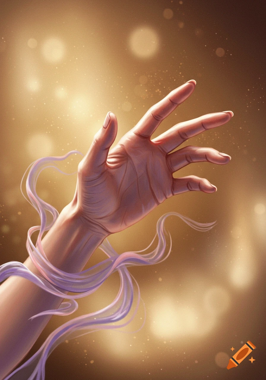 A detailed illustration of a woman's hand reaching out, enveloped by wispy purple ribbons, against a shimmering golden background with bokeh lights.