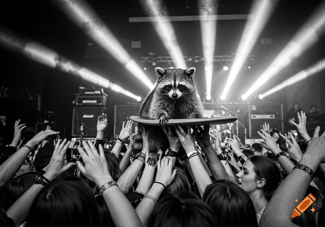 Black and white photorealistic image of a raccoon crowd surfing on a skateboard at a concert.
