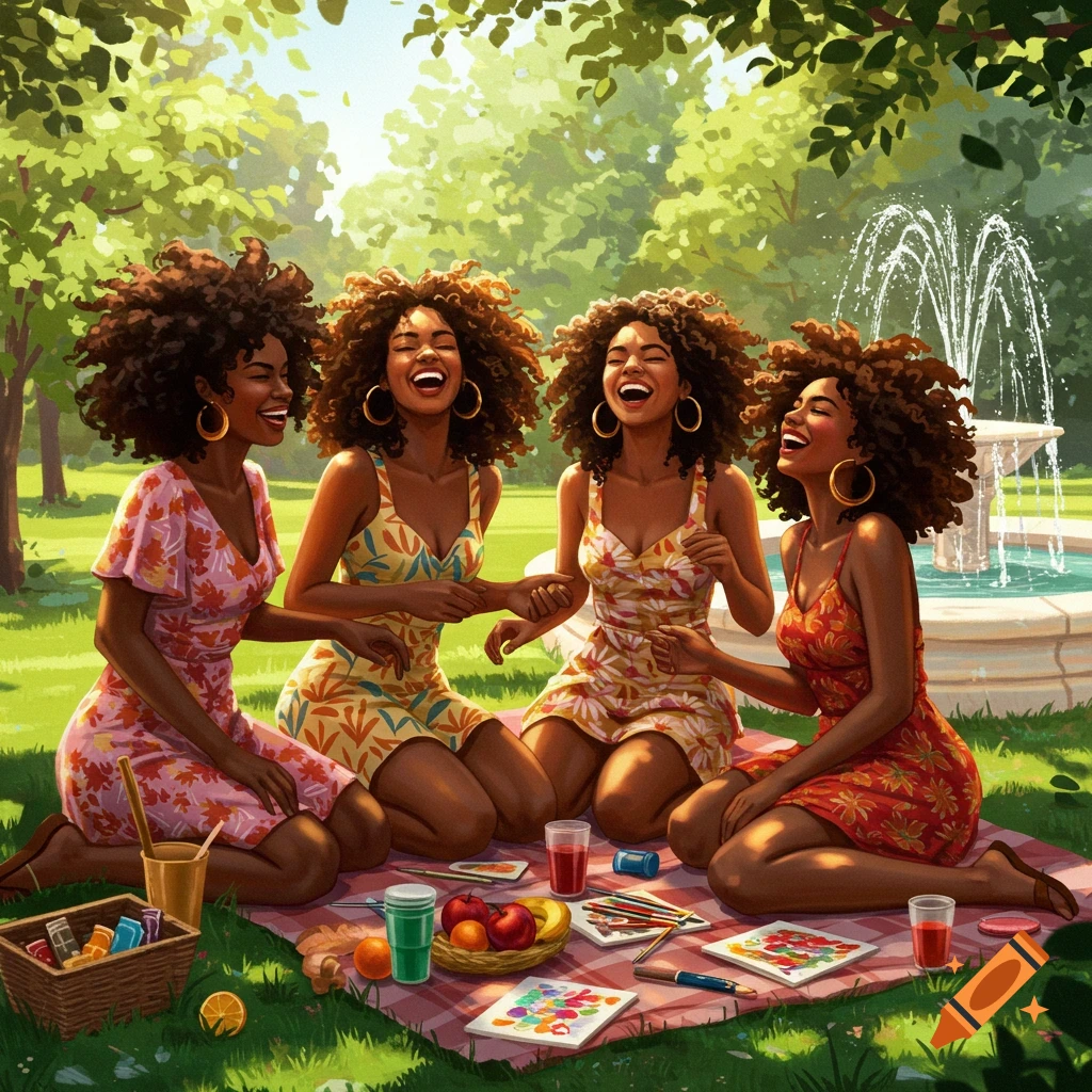 Four Black women with curly hair laugh while having a picnic and doing art in a sunny park with a fountain.
