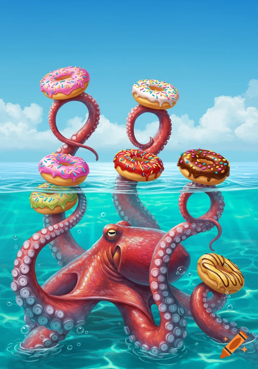A vibrant illustration of a red octopus rising from the blue ocean, balancing colorful frosted donuts on its tentacles.