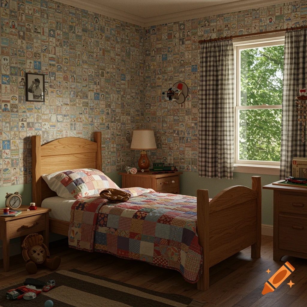 A vintage 1950s kid's bedroom with a wooden bed, patchwork quilt, and walls covered in small baseball card wallpaper. A window looks out to green trees.