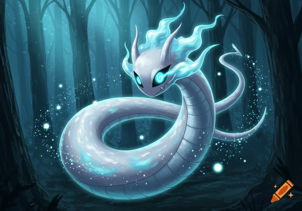A white dragon-like creature with glowing blue eyes and ethereal blue flames, surrounded by sparkling particles in a dark, mystical forest.