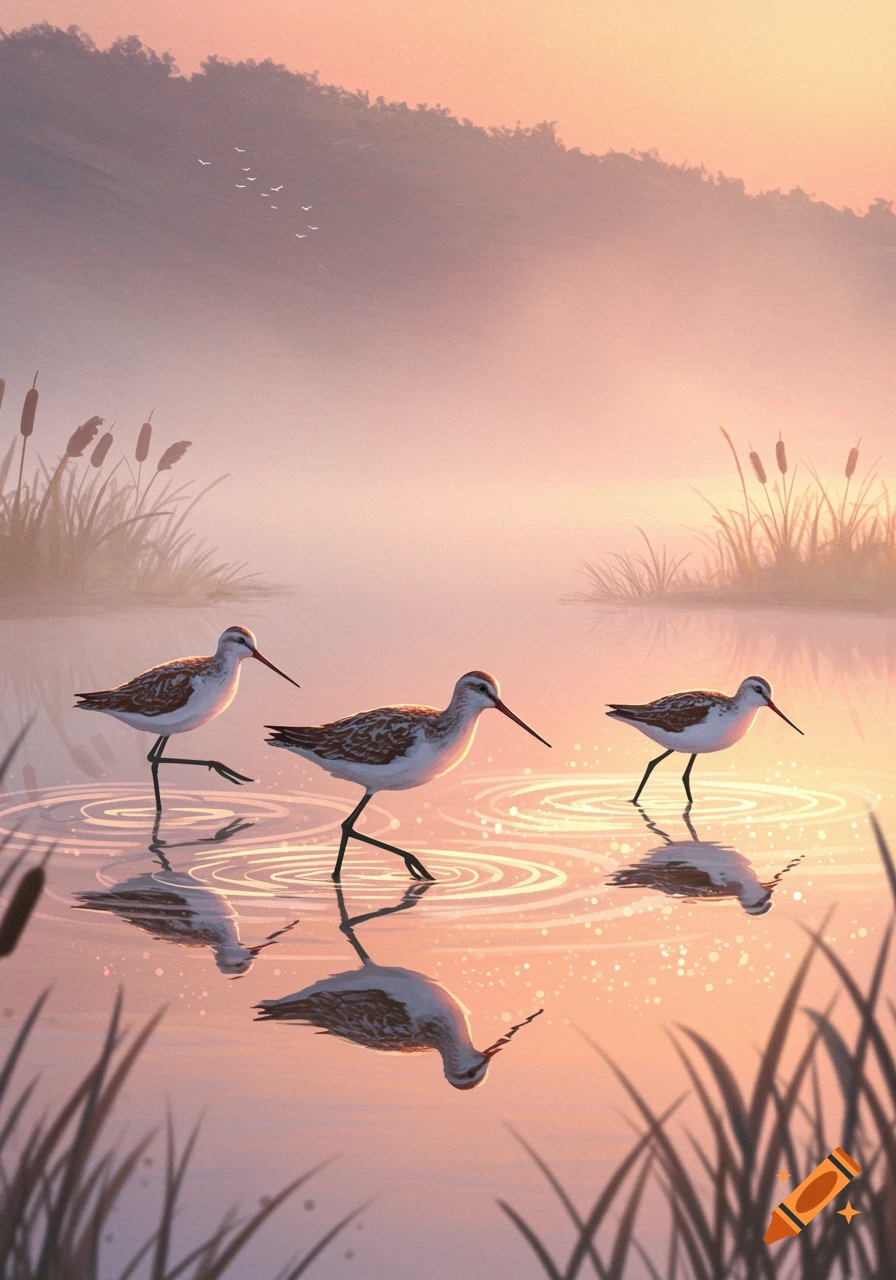 Three water wader birds walk through shallow water at sunrise or sunset, creating ripples. Mist hangs over the marshy landscape with tall grasses.