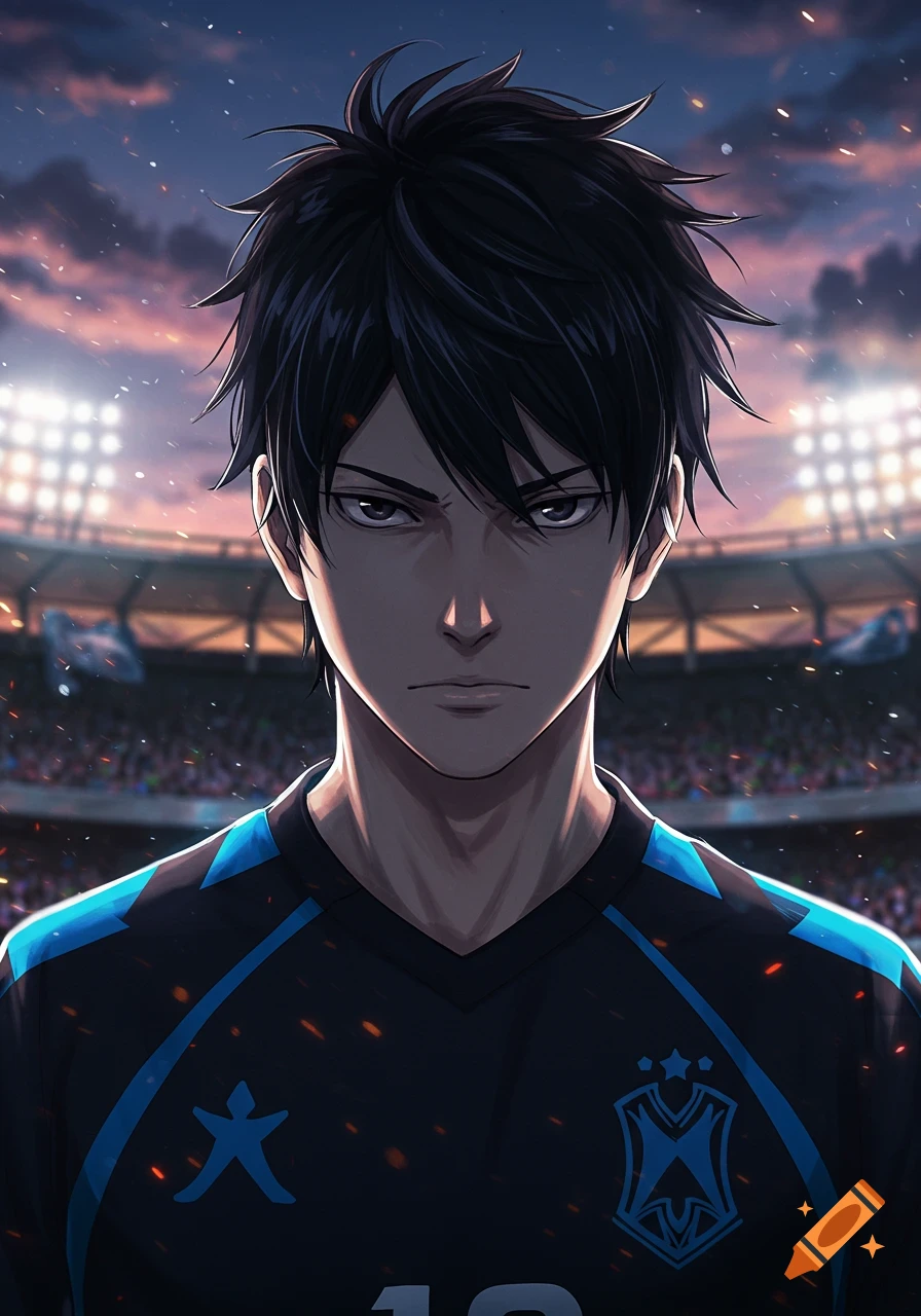 Anime illustration of a serious young man in a black and blue soccer jersey, standing in a stadium at dusk with bright lights.
