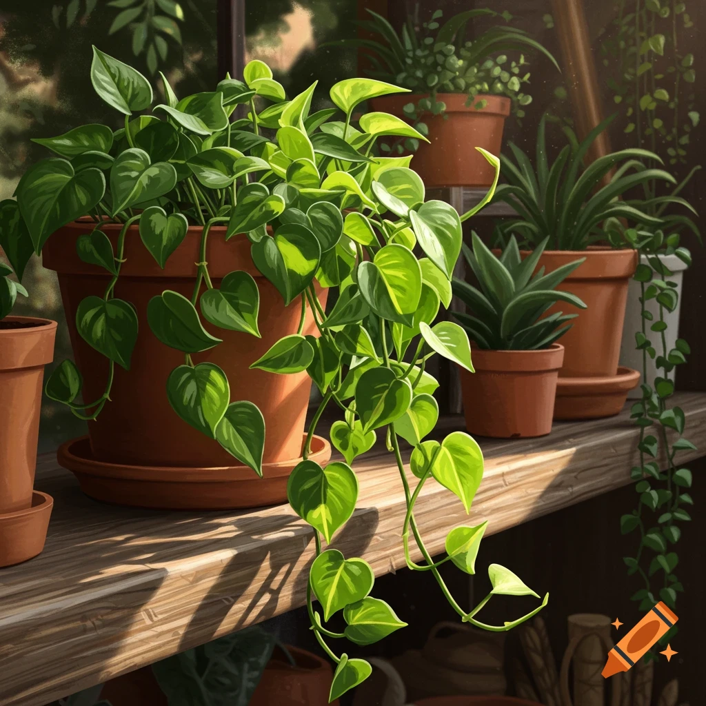 A vibrant green Pothos plant in a terracotta pot sits on a wooden shelf, bathed in sunlight, depicted in a detailed painting.