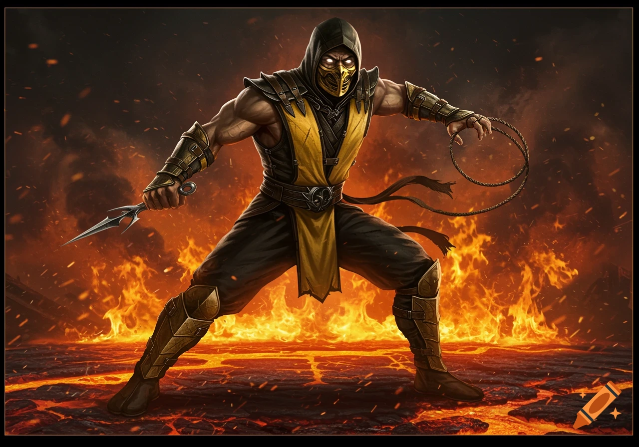 Scorpion from Mortal Kombat in a combat pose, holding a spear and rope, standing on molten ground with a fiery background.