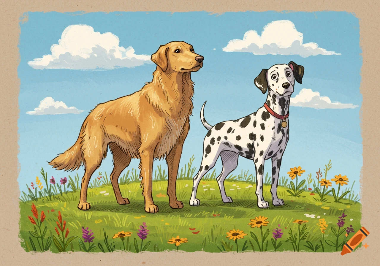 A golden retriever and a dalmatian stand side by side in a grassy field with wildflowers under a blue sky, in a charming illustration style.