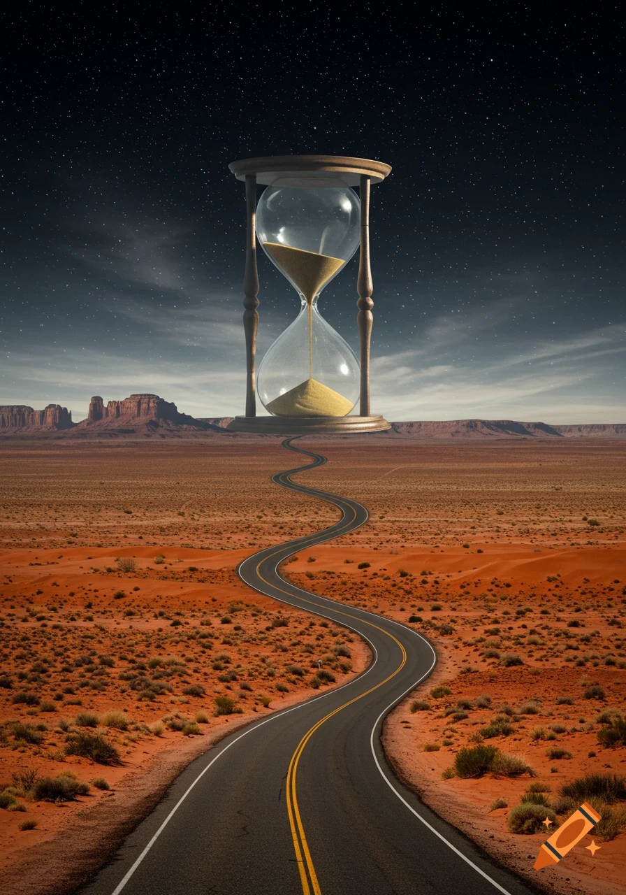 A giant hourglass stands on the horizon of a vast desert with a winding road, under a starry night sky.