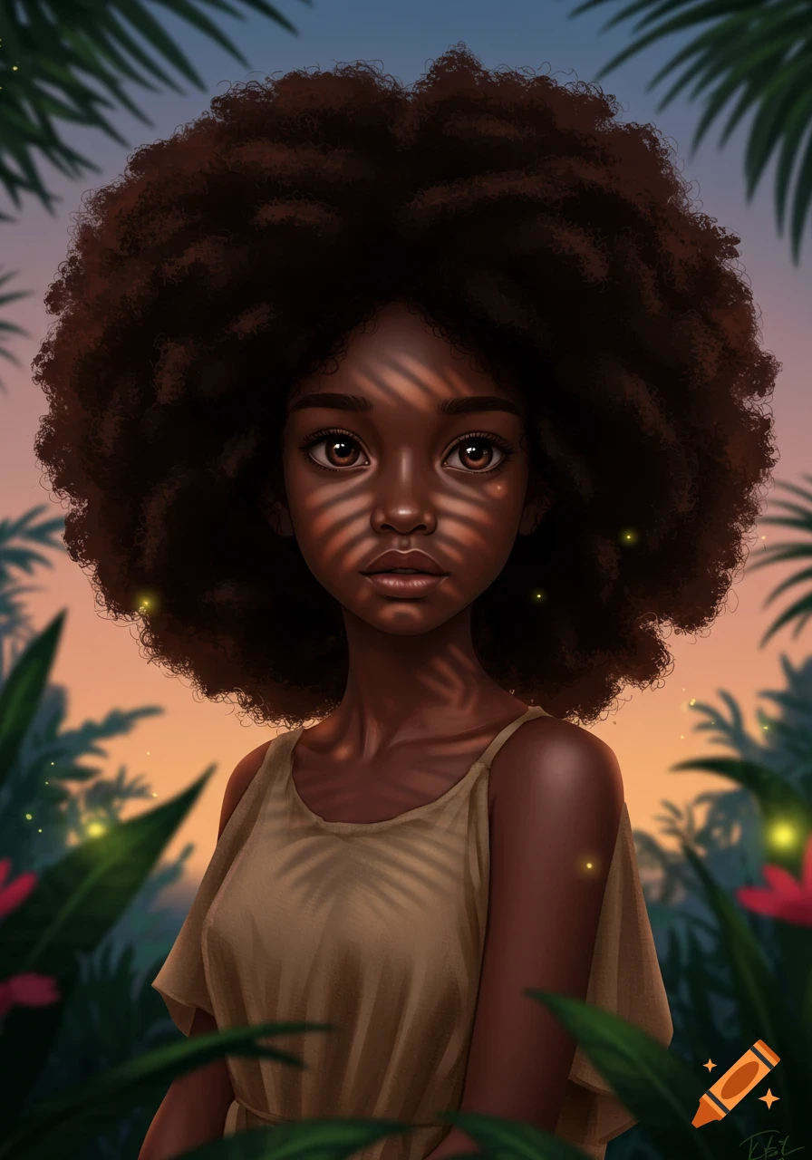 A stylized digital portrait of a young dark-skinned girl with a large afro, standing among tropical foliage with dappled light.