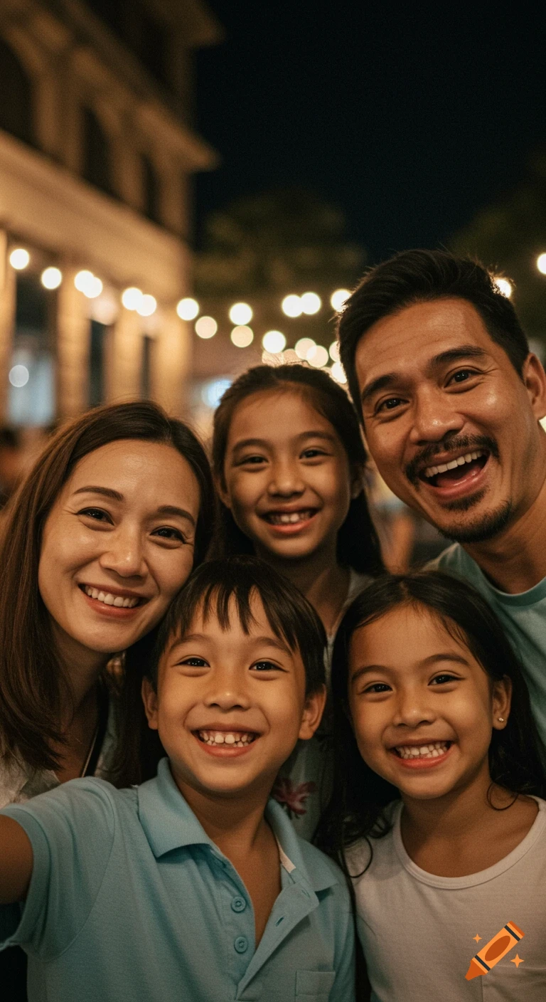 A happy Asian family smiling for a selfie at night with blurred string lights in the background.