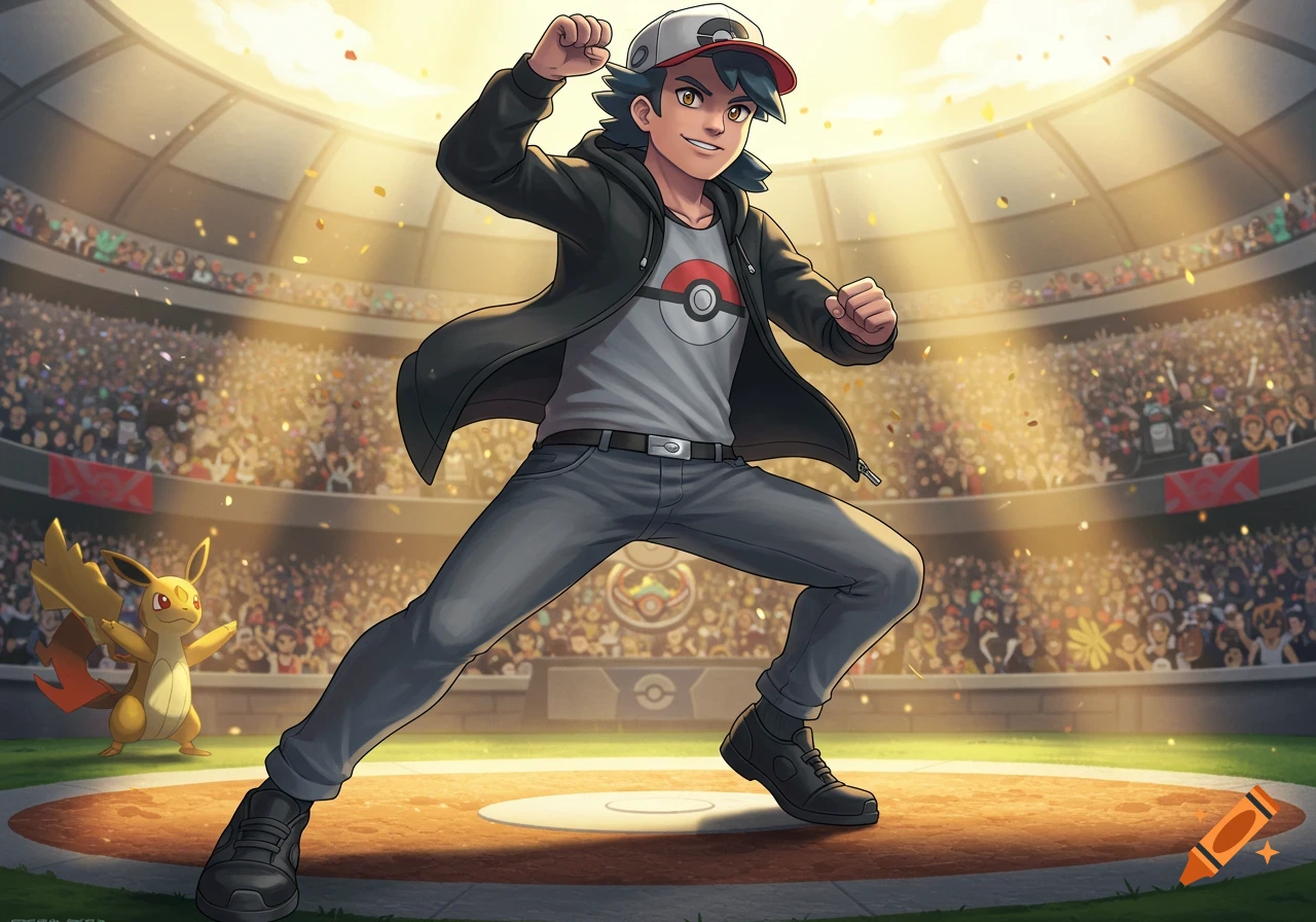 A smiling young male Pokemon trainer in a gray shirt with a Pokeball logo, black hoodie, and gray jeans, poses in a stadium with a small yellow Pokemon beside him.