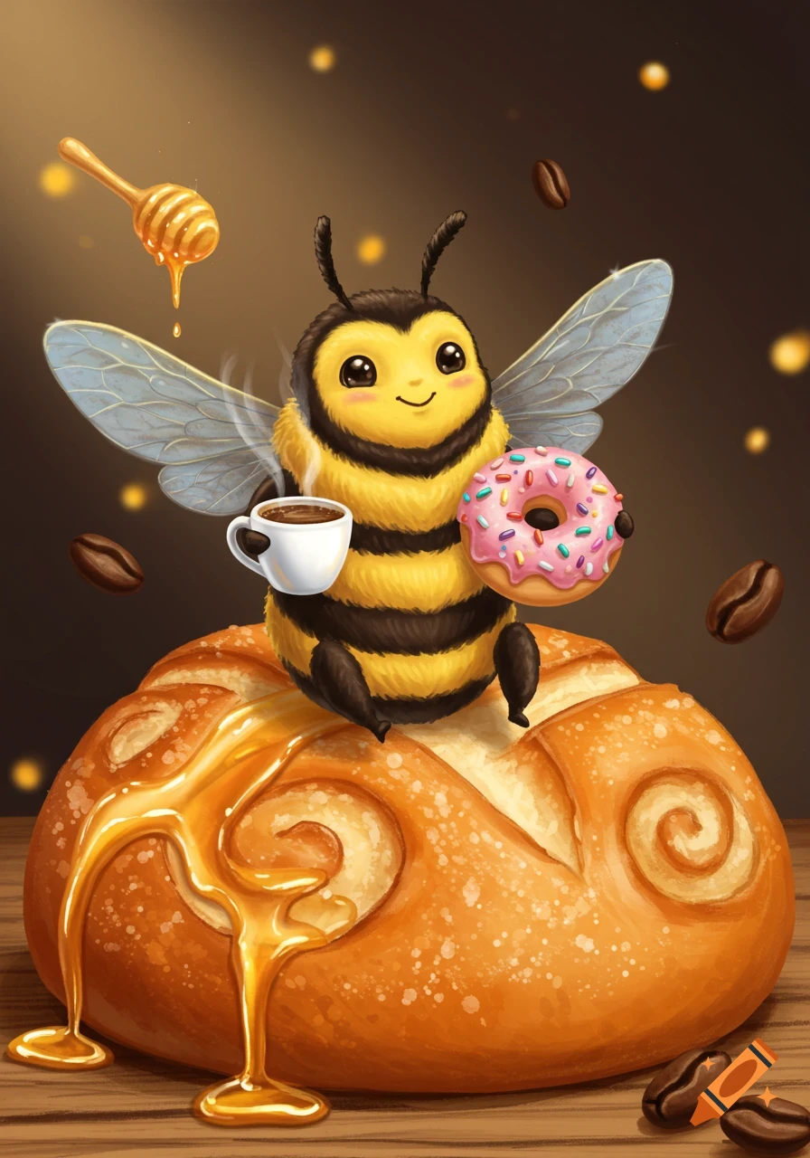 A cute cartoon bee sits on a honey-drizzled sourdough bread, holding a coffee cup and a pink donut.