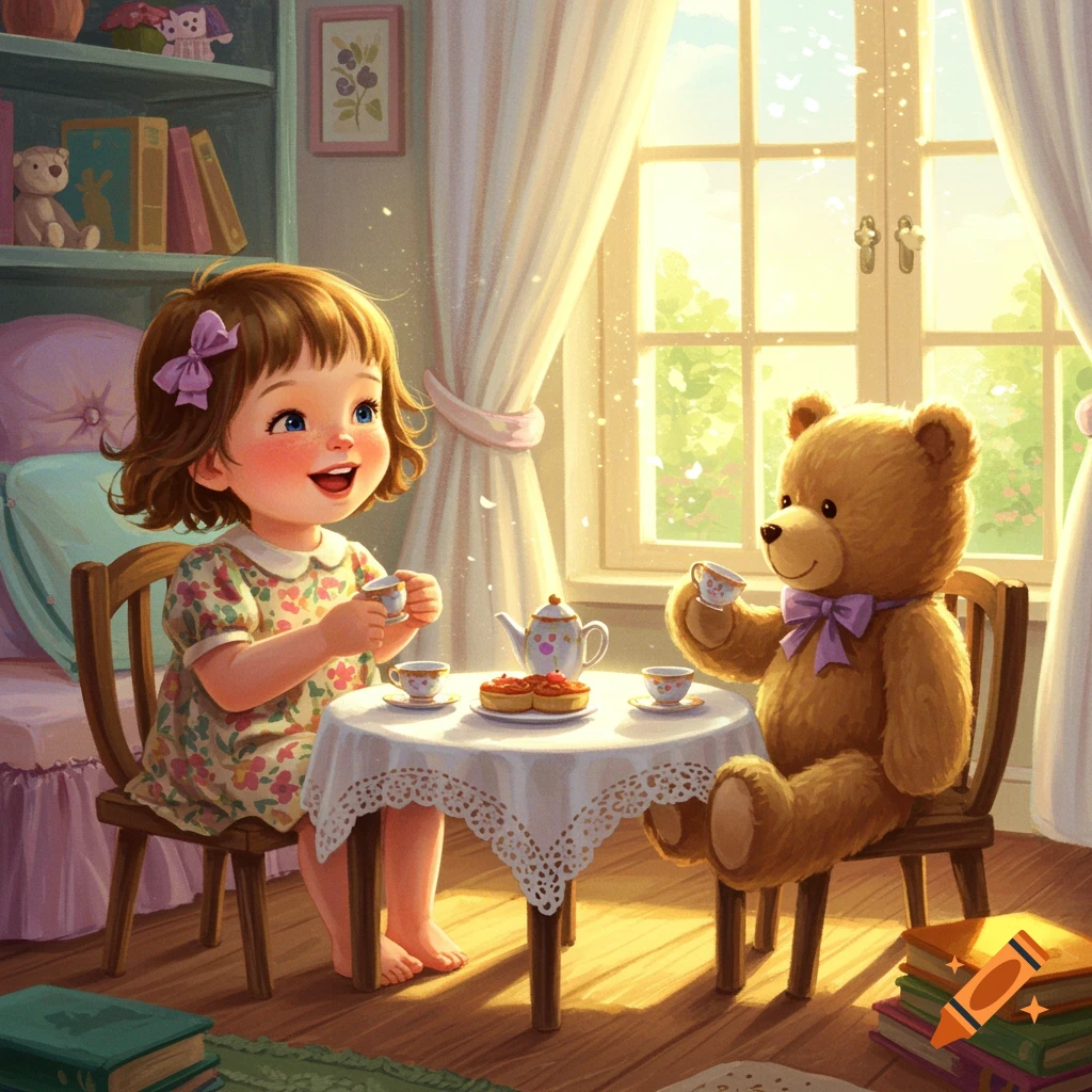 A happy child and a teddy bear sit at a small table, having a pretend tea party in a sunlit room. Illustrated.